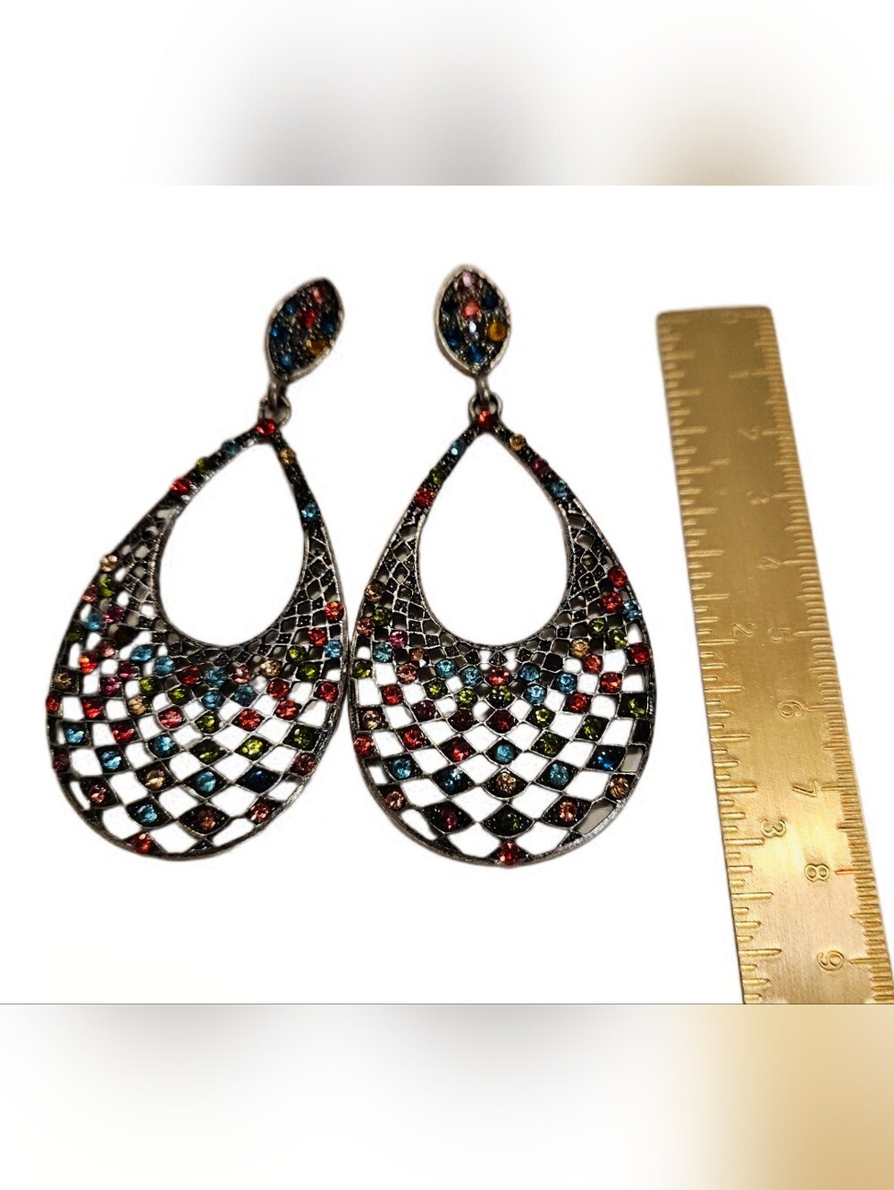 Silver Tone Multicolor Rhinestone Teardrop Statement Earrings - Picture 6 of 6